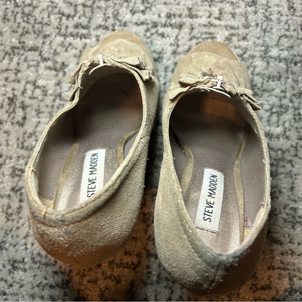 Steve Madden Brown P-Daizy Fringe Suede Peep Toe Heels Size 6.5 - Picture 7 of 11